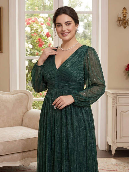 Robe Mère de la Mariée Grande Taille Ligne A/Princesse Col en V Manches Longues Ruchée