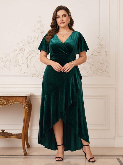 Robe Mère de la Mariée Grande Taille Ligne A/Princesse Col en V Manches Courtes Fendue sur le côté