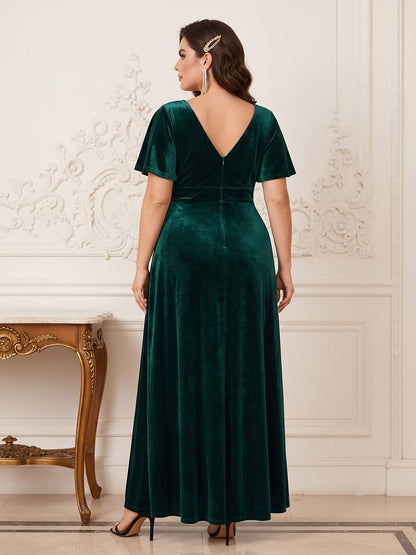Robe Mère de la Mariée Grande Taille Ligne A/Princesse Col en V Manches Courtes Fendue sur le côté