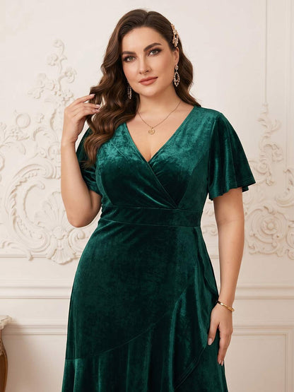 Robe Mère de la Mariée Grande Taille Ligne A/Princesse Col en V Manches Courtes Fendue sur le côté