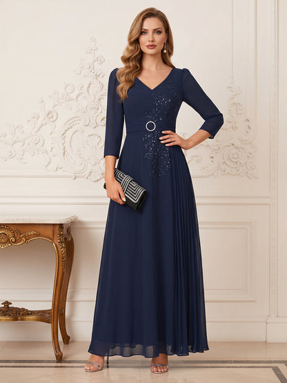 Robe Mère de la Mariée Ligne A/Princesse Col en V Manches 3/4 Longueur Cheville avec Paillettes & Ceinture
