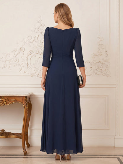 Robe Mère de la Mariée Ligne A/Princesse Col en V Manches 3/4 Longueur Cheville avec Paillettes & Ceinture