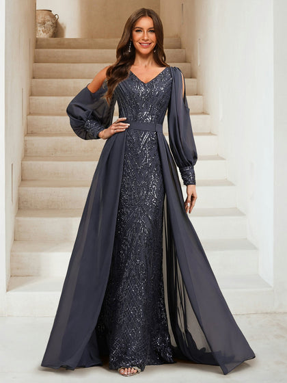 Gaine/Colonne Col en V Manches Longues Longueur du Sol Robes de Soirée avec Paillettes & Surjupe