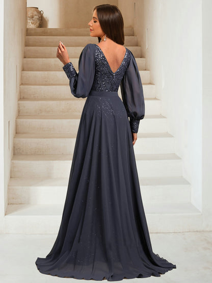 Robe de Soirée Gaine/Colonne à Paillettes, Col en V & Manches Longues, Longueur Sol avec Surjupe