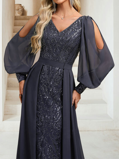 Robe de Soirée Gaine/Colonne à Paillettes, Col en V & Manches Longues, Longueur Sol avec Surjupe