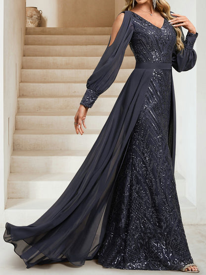 Robe de Soirée Gaine/Colonne à Paillettes, Col en V & Manches Longues, Longueur Sol avec Surjupe