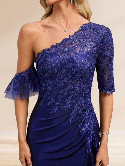 Robe de Soirée à Paillettes Gaine/Colonne Monobretelle, Manches Mi-longues, Longueur Sol & Fente Latérale
