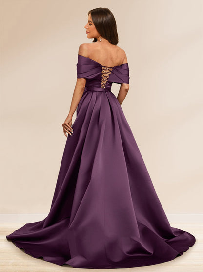 Robe de Soirée Gaine/Colonne, Épaules Dénudées, Longueur Sol avec Surjupe Amovible & Appliques