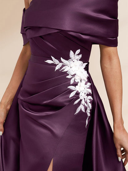 Robe de Soirée Gaine/Colonne, Épaules Dénudées, Longueur Sol avec Surjupe Amovible & Appliques