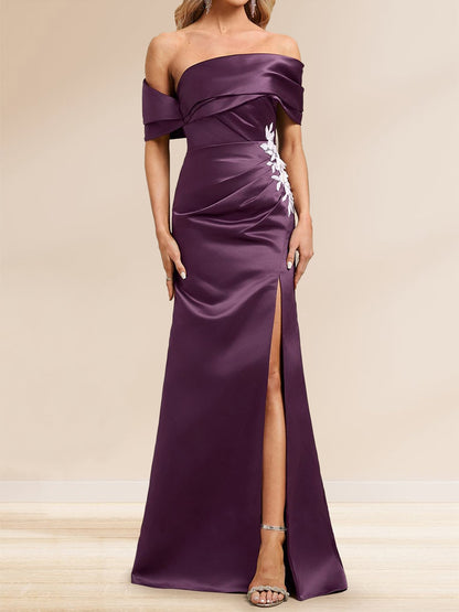 Robe de Soirée Gaine/Colonne, Épaules Dénudées, Longueur Sol avec Surjupe Amovible & Appliques