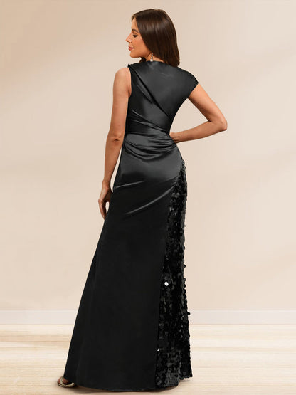 Robe de Soirée à Paillettes Gaine/Colonne, Col Bateau, Longueur Sol & Fente Latérale