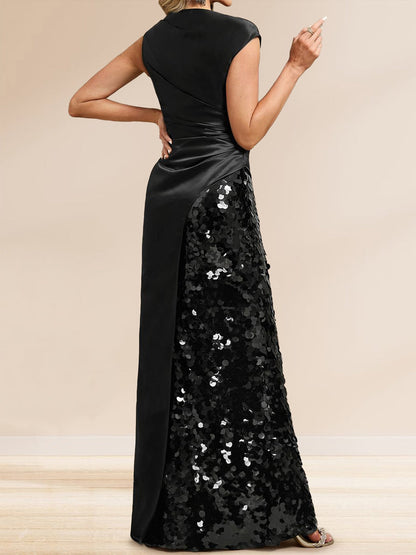 Robe de Soirée à Paillettes Gaine/Colonne, Col Bateau, Longueur Sol & Fente Latérale