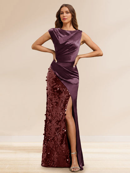 Robe de Soirée à Paillettes Gaine/Colonne, Col Bateau, Longueur Sol & Fente Latérale