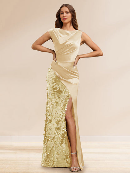 Robe de Soirée à Paillettes Gaine/Colonne, Col Bateau, Longueur Sol & Fente Latérale