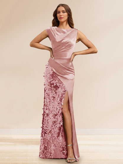 Robe de Soirée à Paillettes Gaine/Colonne, Col Bateau, Longueur Sol & Fente Latérale