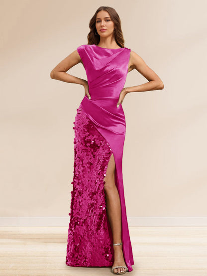 Robe de Soirée à Paillettes Gaine/Colonne, Col Bateau, Longueur Sol & Fente Latérale