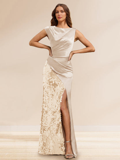 Robe de Soirée à Paillettes Gaine/Colonne, Col Bateau, Longueur Sol & Fente Latérale