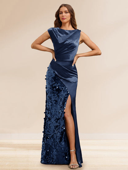 Robe de Soirée à Paillettes Gaine/Colonne, Col Bateau, Longueur Sol & Fente Latérale