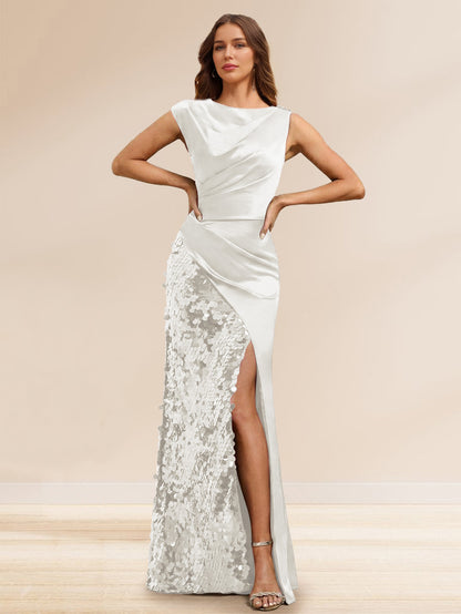 Robe de Soirée à Paillettes Gaine/Colonne, Col Bateau, Longueur Sol & Fente Latérale