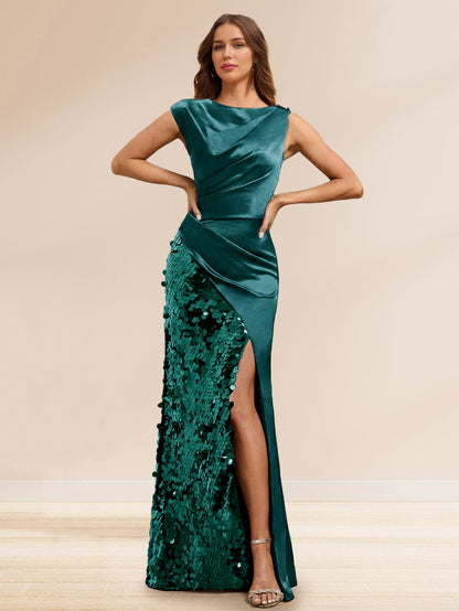Robe de Soirée à Paillettes Gaine/Colonne, Col Bateau, Longueur Sol & Fente Latérale