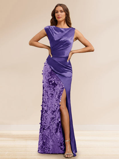 Robe de Soirée à Paillettes Gaine/Colonne, Col Bateau, Longueur Sol & Fente Latérale
