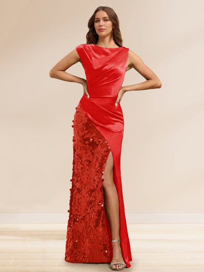 Robe de Soirée à Paillettes Gaine/Colonne, Col Bateau, Longueur Sol & Fente Latérale