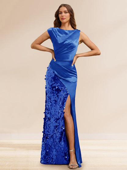 Robe de Soirée à Paillettes Gaine/Colonne, Col Bateau, Longueur Sol & Fente Latérale