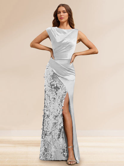 Robe de Soirée à Paillettes Gaine/Colonne, Col Bateau, Longueur Sol & Fente Latérale