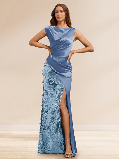 Robe de Soirée à Paillettes Gaine/Colonne, Col Bateau, Longueur Sol & Fente Latérale