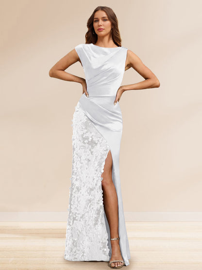 Robe de Soirée à Paillettes Gaine/Colonne, Col Bateau, Longueur Sol & Fente Latérale
