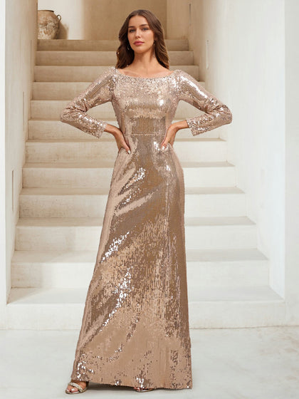 Paillette Gaine/Colonne Scoop Manches Longues Longueur du Sol Robes de Soirée avec Perles
