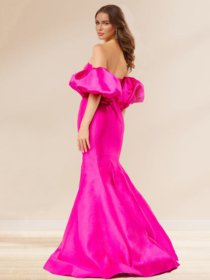 Robe de Soirée en Satin Trompette/Sirène Sans Bretelles, Manches Courtes
