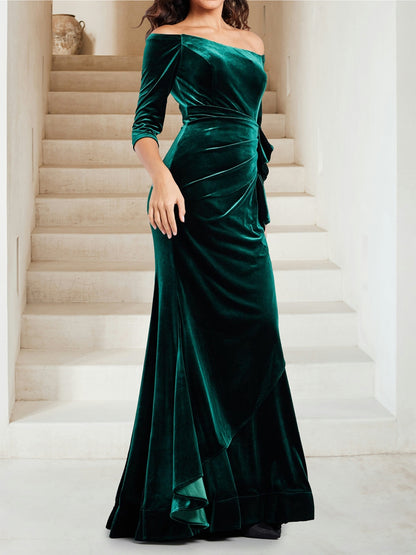 Robe de Soirée en Velours Trompette/Sirène, Épaules Dénudées & Manches 3/4, Longueur Sol à Volants