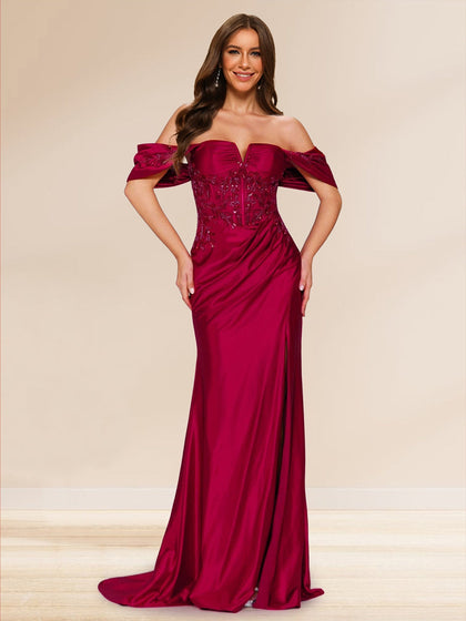 Gaine/Colonne Hors de L'épaule Robes de Soirée avec Traîne Balayeuse avec Côté Divisé & Appliques