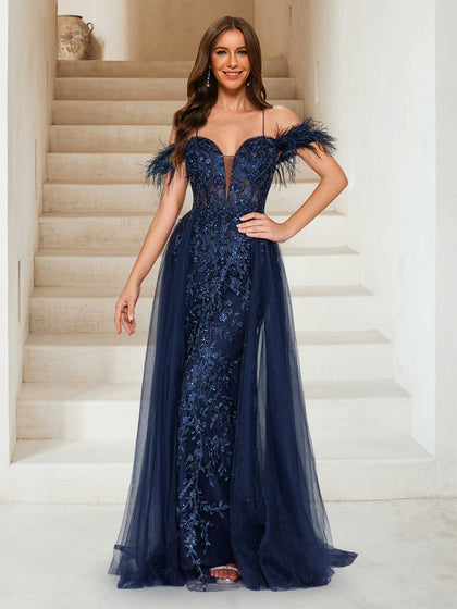 Gaine/Colonne Hors de L'épaule Bretelles Spaghetti Maxi Tulle Robes de Soirée avec Plumes & Appliques