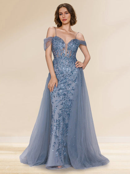 Gaine/Colonne Hors de L'épaule Bretelles Spaghetti Maxi Tulle Robes de Soirée avec Paillette Appliques