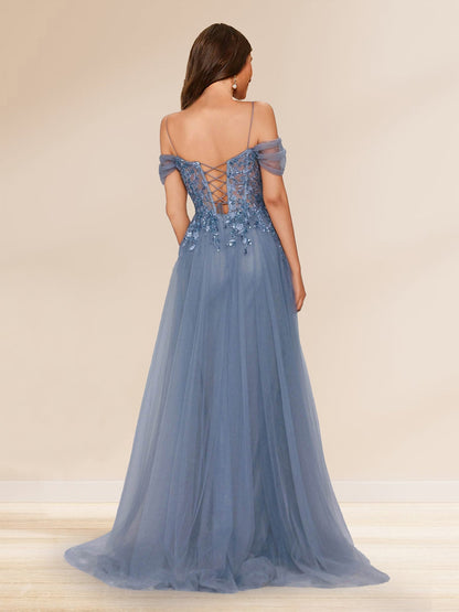 Robe Longue de Soirée en Tulle Gaine/Colonne, Épaules Dénudées & Bretelles Spaghetti, avec Appliques à Paillettes
