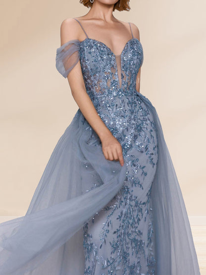 Robe Longue de Soirée en Tulle Gaine/Colonne, Épaules Dénudées & Bretelles Spaghetti, avec Appliques à Paillettes