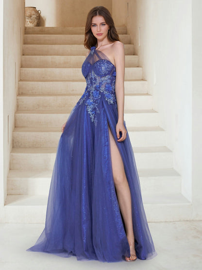 Robe Longue de Soirée en Tulle Ligne A Monobretelle, avec Appliques à Paillettes & Fleurs 3D