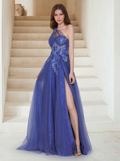 Maxi Tulle Ligne A Une épaule Robes de Soirée avec Paillette Appliques & Fleur 3D