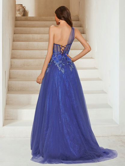 Robe Longue de Soirée en Tulle Ligne A Monobretelle, avec Appliques à Paillettes & Fleurs 3D