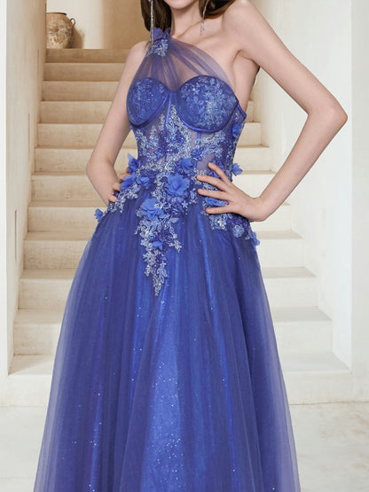 Robe Longue de Soirée en Tulle Ligne A Monobretelle, avec Appliques à Paillettes & Fleurs 3D