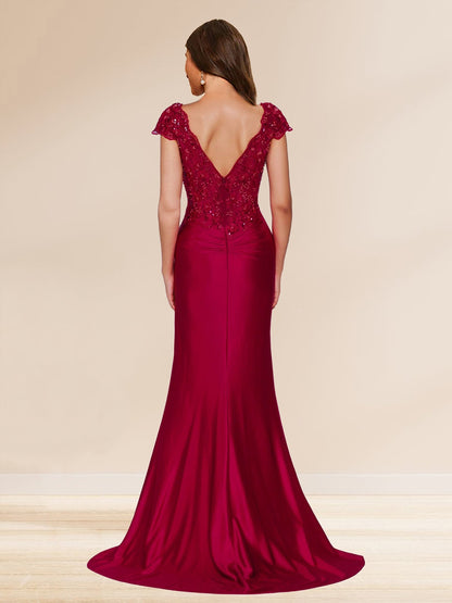 Robe de Soirée Froncée Gaine/Colonne, Col en V, Traîne Balai et Appliques à Paillettes