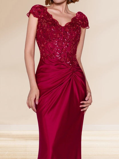 Robe de Soirée Froncée Gaine/Colonne, Col en V, Traîne Balai et Appliques à Paillettes