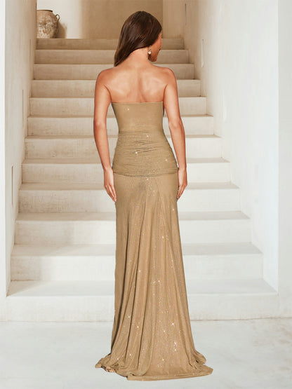 Robe de Soirée Scintillante Trompette/Sirène Sans Bretelles, Traîne Balai avec Châle