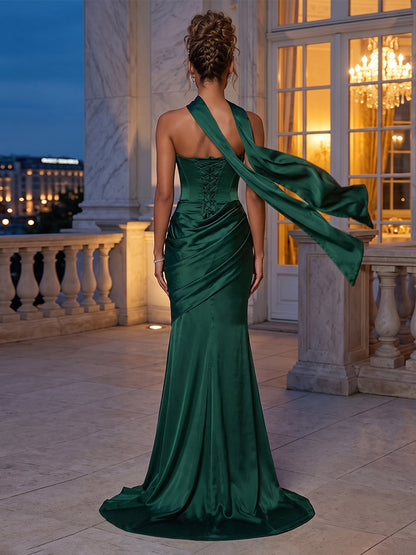 Robe de Soirée Fourreau / Colonne Sans Bretelles Sans Manches à Traîne Balai avec Châle & Fronces