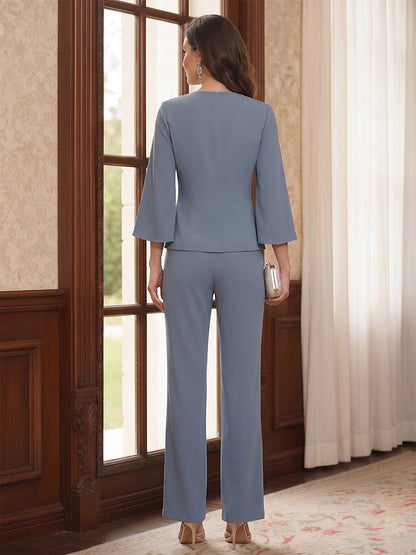 Tailleur-Pantalon Mère de la Mariée en Mousseline Col Rond Manches 3/4 Longueur Sol avec Veste