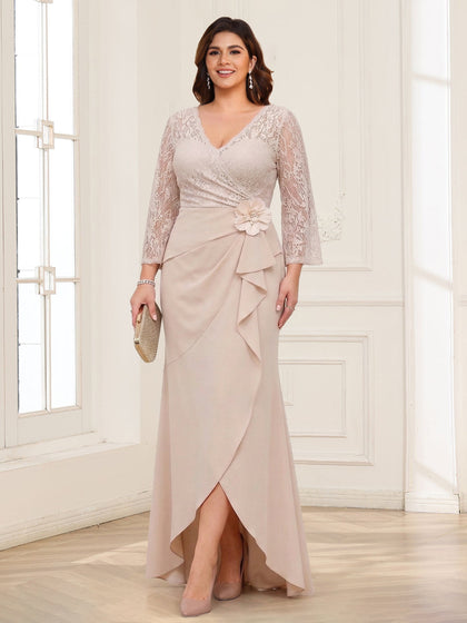 Gaine/Colonne Col en V 3/4 Manches Robes Mère de la Mariée Grande Taille avec Dentelle & 3D Florale