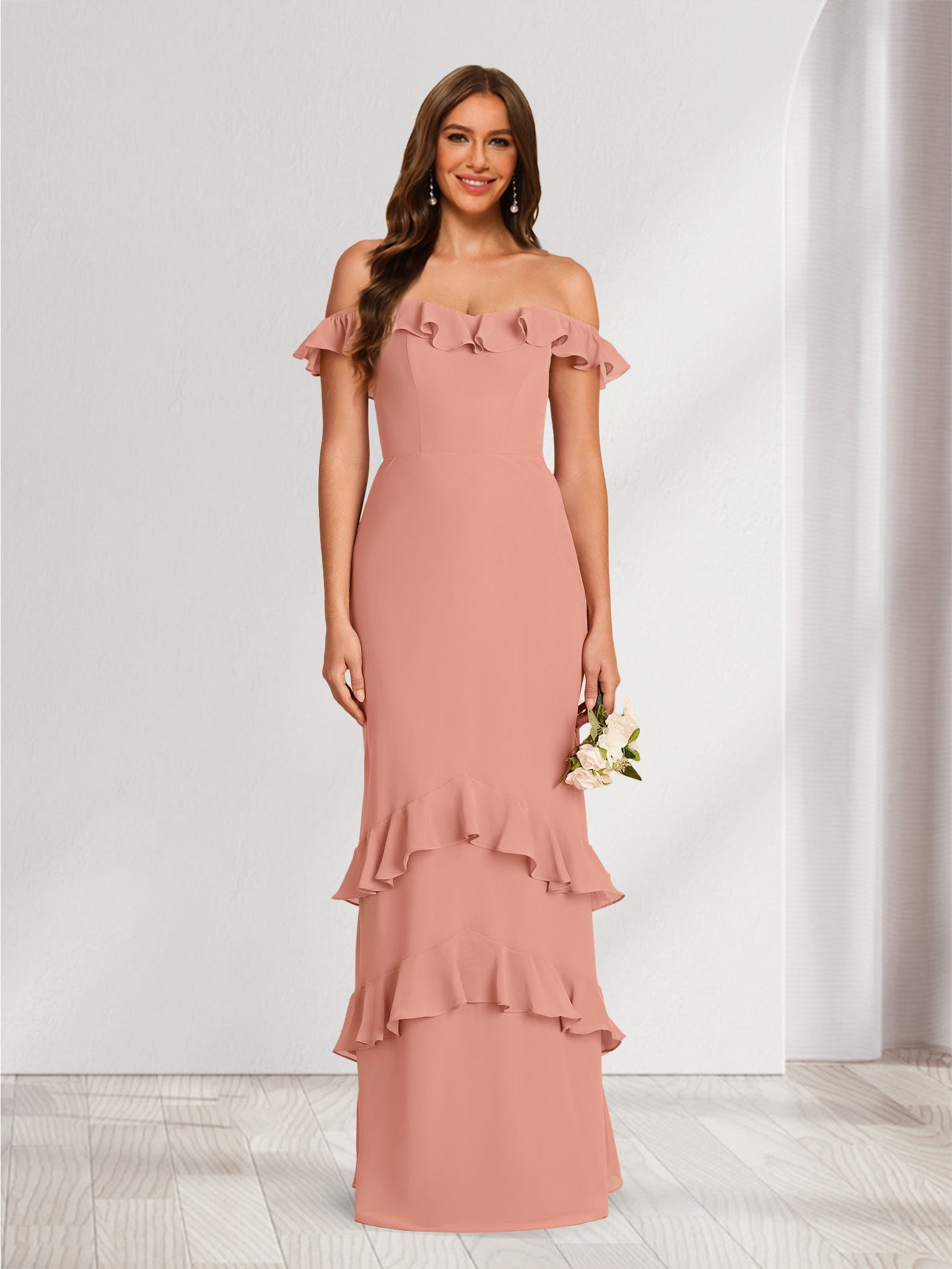 Robes de demoiselle d'honneur fourreau/colonne épaules dénudées, longueur ras du sol avec volants
