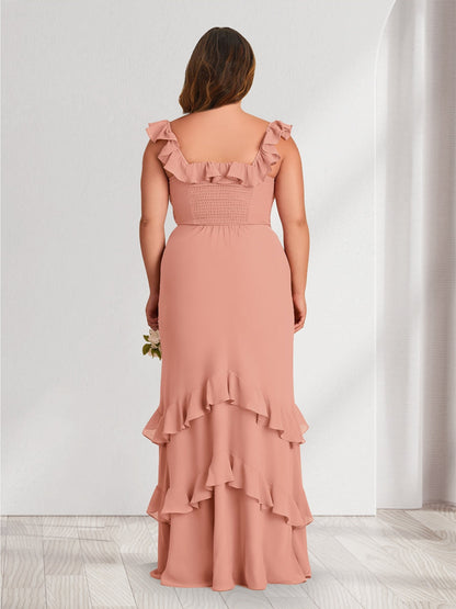 Robes de demoiselle d'honneur grande taille fourreau/colonne épaules dénudées, longueur ras du sol avec volants